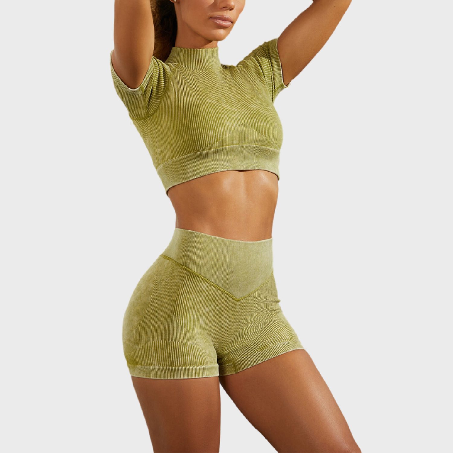 Acid Wash Green Yoga Short Set