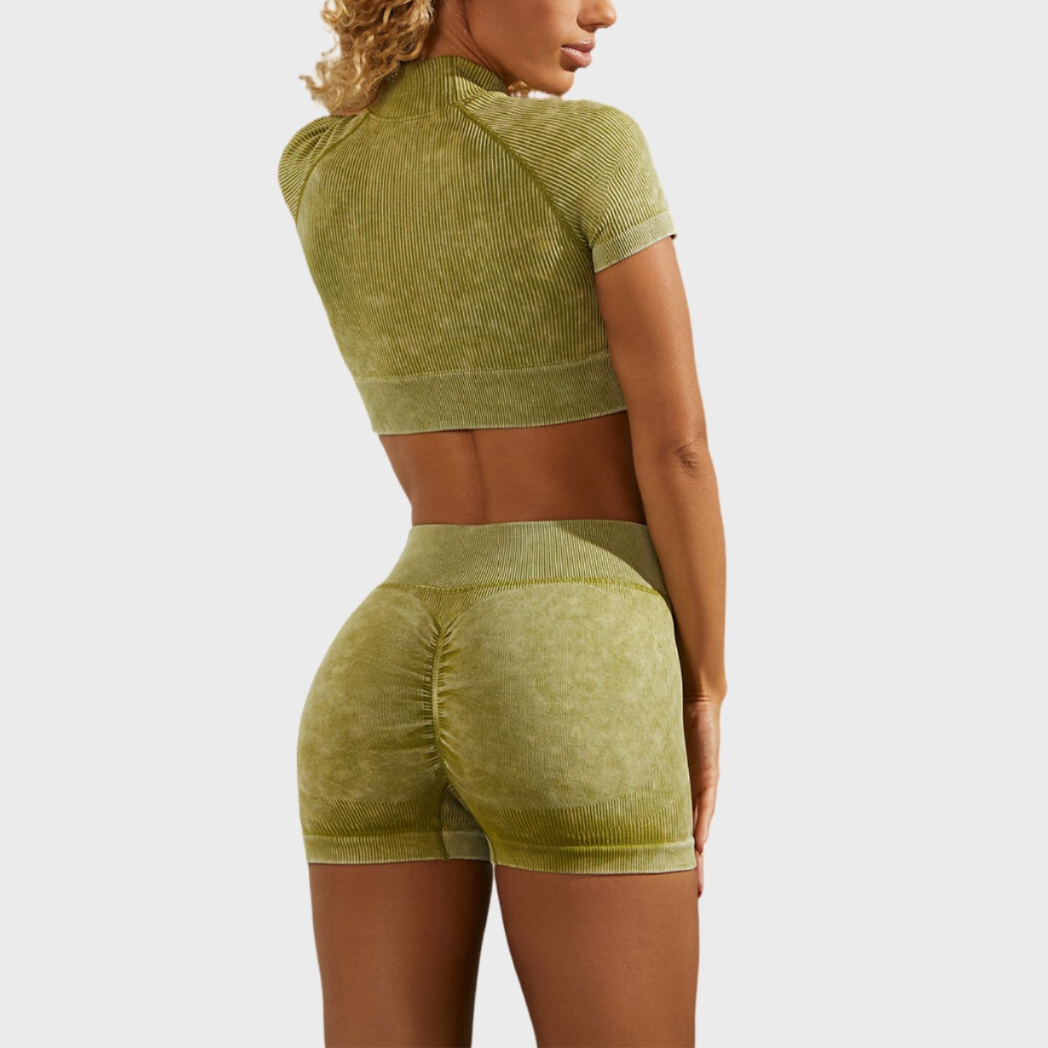 Acid Wash Green Yoga Short Set